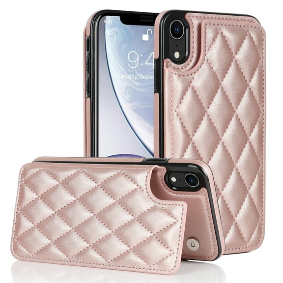for iPhone XR Wallet Case with Card Holder RFID Blocking, Kickstand Card Slots Case, Dimaond Patterned Elegent PU Leather,Double Back Flip Magnetic Clasp and Durable Shockproof Cover,Rosegold