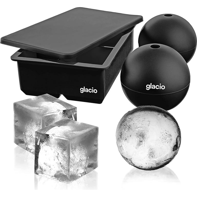 Glacio Ice Cube Molds - Jumbo Square Cube Tray with Lid and 2 Large Sphere Molds, Black