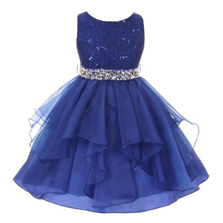 Girls Royal Blue Lace Crystal Tulle Ruffle Junior Bridesmaid (Royal Ascot Best Dressed)