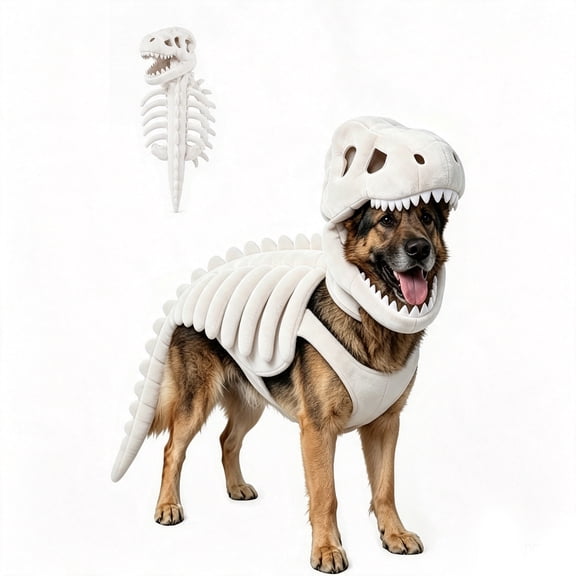 Dinosaur Dog Costume T Rex Skeleton Outfit – Soft Plush Dino Halloween Costume for Medium & Large Dogs, Funny Pet Cosplay Party Wear(White 35.4in)
