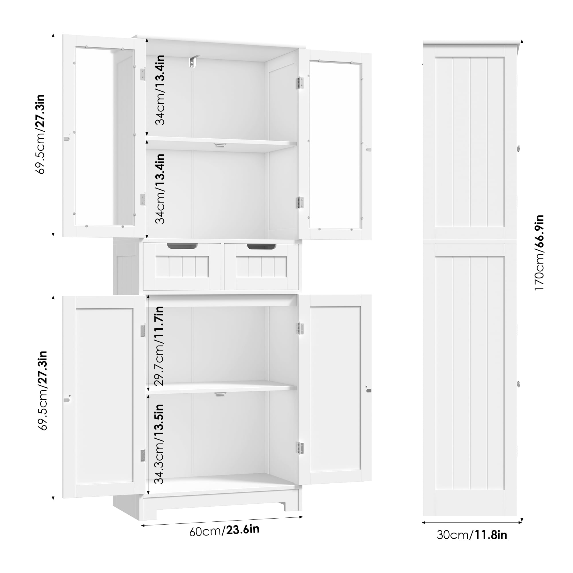 Homfa 4 Doors Bathroom Cabinet, 3-Tier Wood Tall Linen Storage Cabinet with 2 Drawers for Living Room Office, White