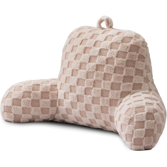 Faux Fur Reading Pillow,Checkered Fluffy Grid Plaid,Bed Wedge Pillow Large Adult Children Backrest with Arms for Bedrest,Beige