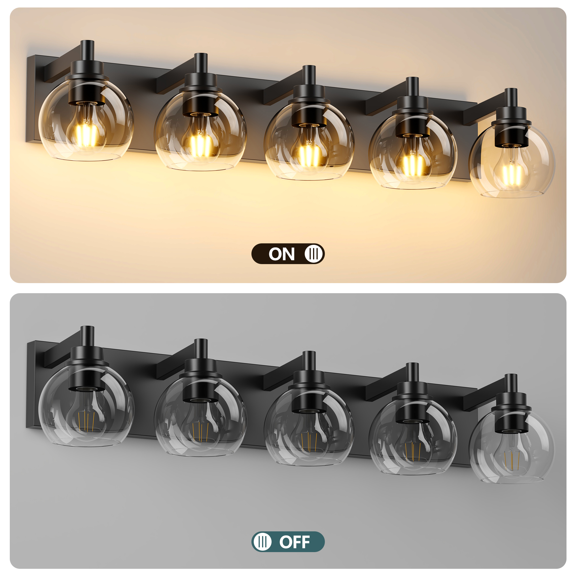 Leumius Farmhouse Bathroom Vanity Light Fixtures, 5-Light Bathroom Light Fixtures Over Mirror, Rustic Sconces Wall Lighting with Glass Shade for Living Room, Bedroom, Hallway