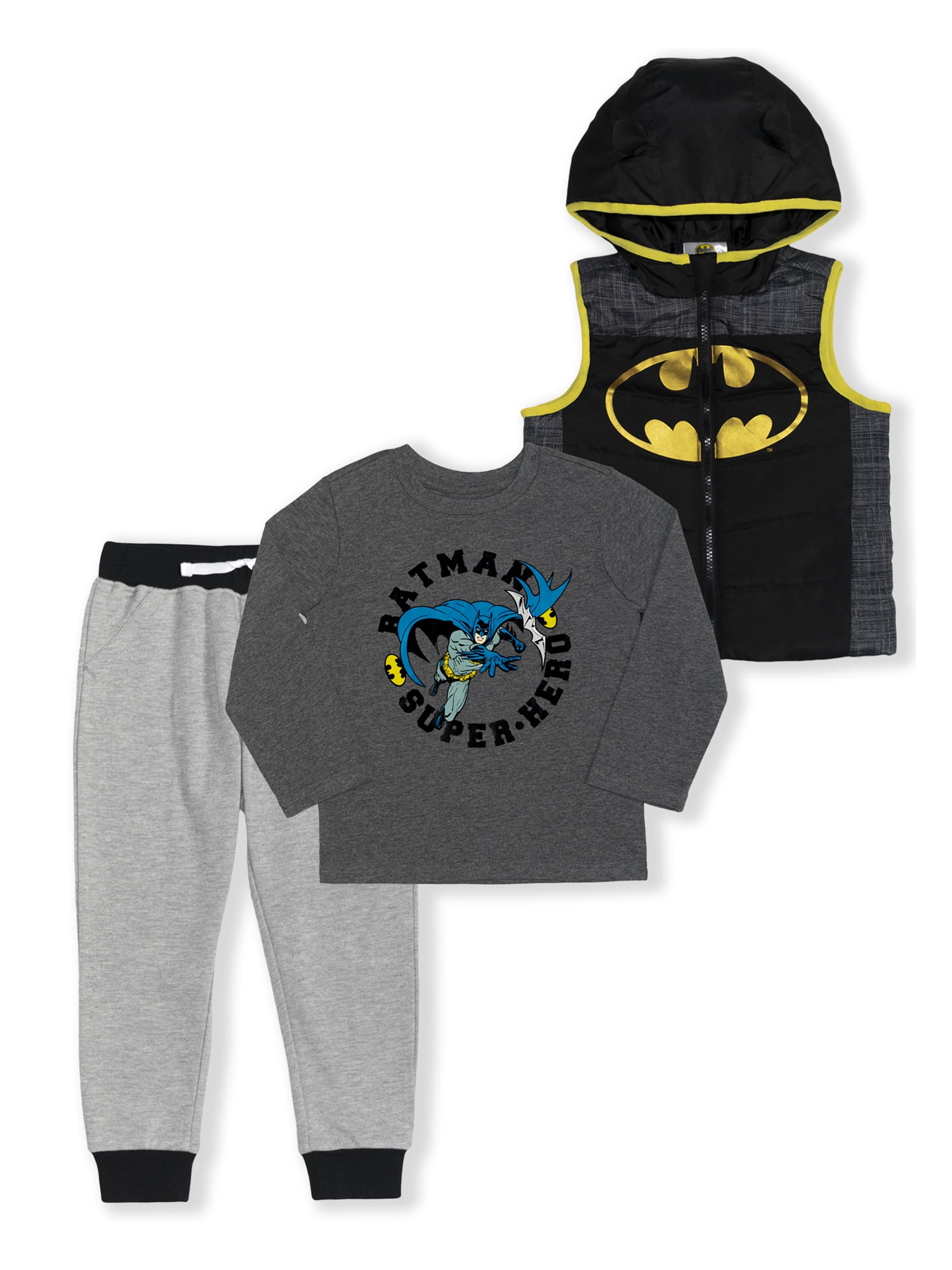 Batman Toddler Boy Hooded Vest, Long-Sleeve Graphic T-Shirt & Jogger Pants  Outfit Set, 3-Piece (2T-5T) 