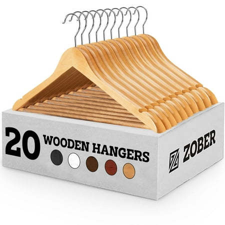 High-Grade Wooden Suit Hangers (20 Pack) - Smooth Finish Solid Wood Coat Hanger with Non Slip Pants Bar, 360° Swivel Hook and Precisely Cut Notches for Camisole, Jacket, Pant, Dress Clothes Hangers