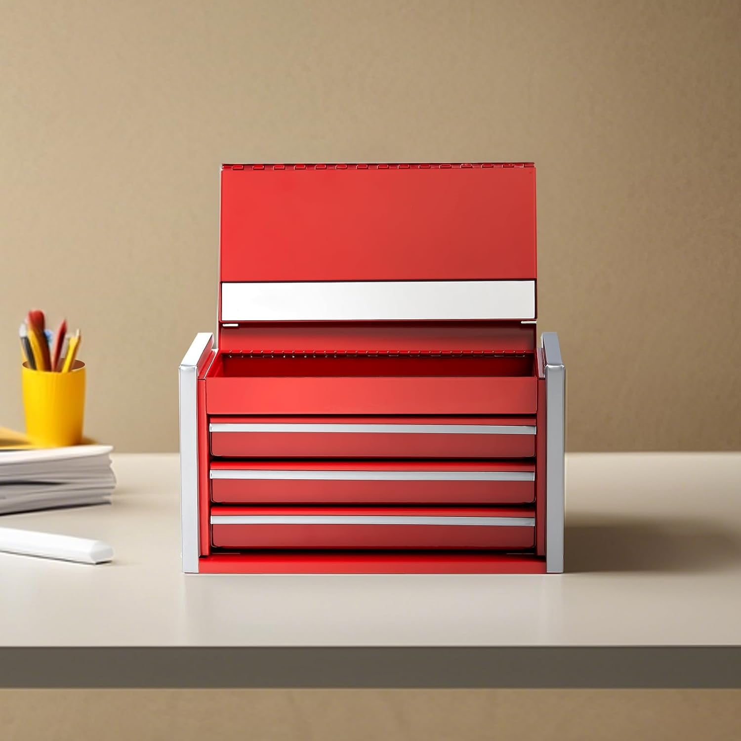 Metal Tool Box, 8.6-inch, Portable Metal Tool Box with 3 Drawers, Small Tool Chest with EVA Liners and PP Feet Pads, Heavy-Duty Steel With Ball Bearing Opening and Powder Coated Finish, Red
