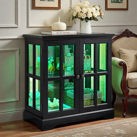 HIUU 30"Black Curio Cabinets with Glass Doors,Lighted Display Cabinet with Shelves,Farmhouse Display Cabinet with Lattice Doors,Display Cabinets for Collectibles with LED Lights for Living Room