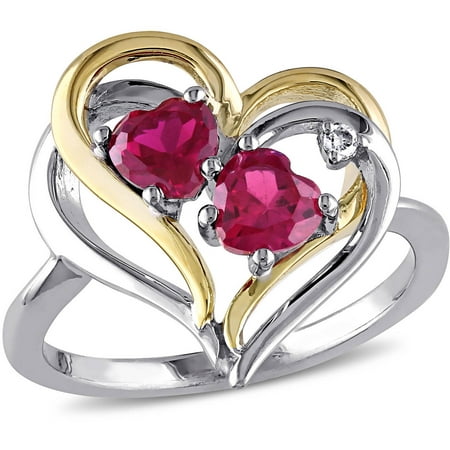 Tangelo 1-1/6 Carat T.G.W. Created Ruby and Diamond-Accent Two-Tone Sterling Silver Double Heart Ring