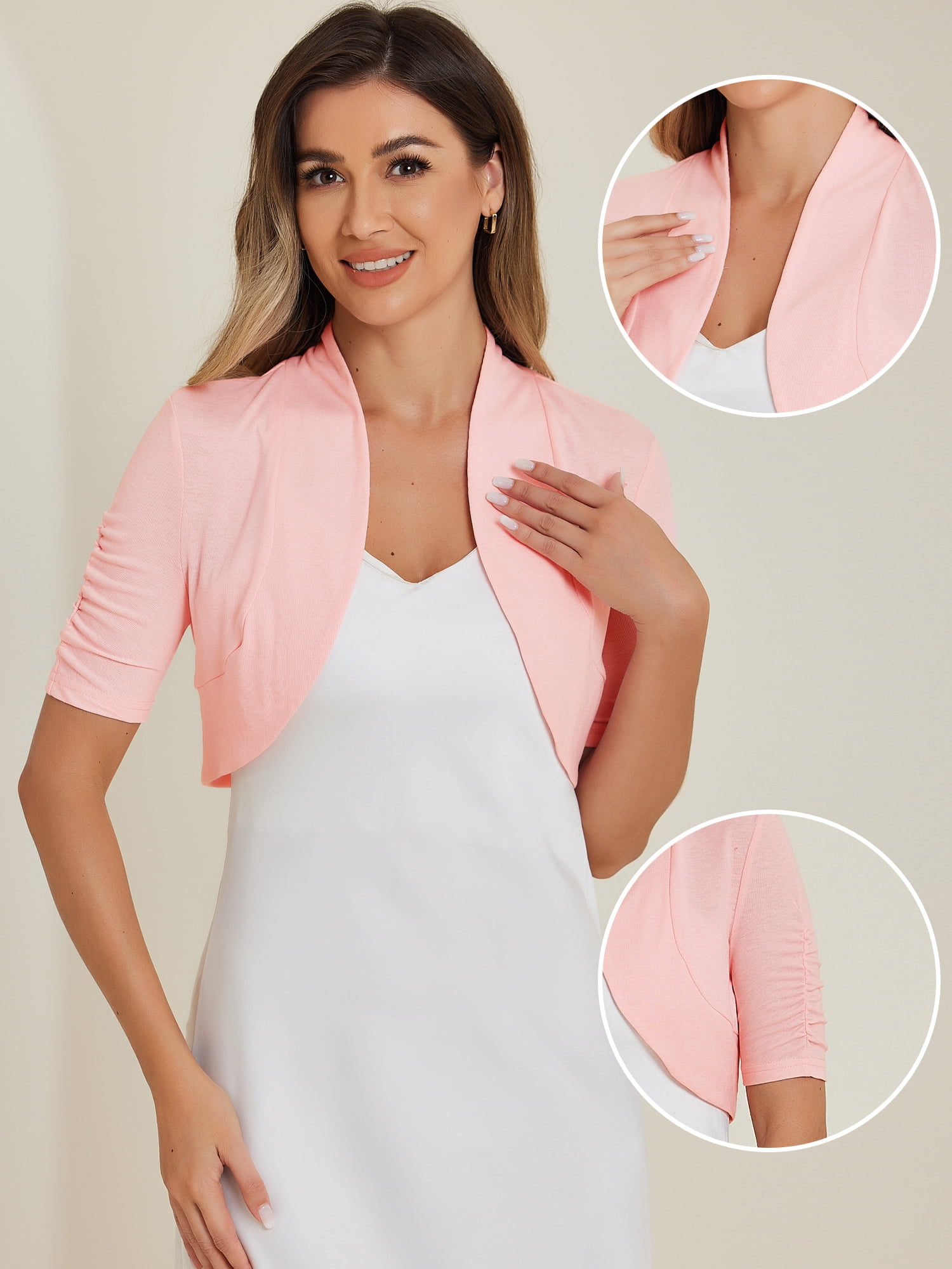 DARING DIVA Women's Ruched Short Sleeve Shrugs Bolero Cropped Cardigan L Pink