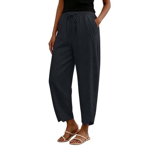 Casual Linen Pants for Women Harem Pants Barrel Trousers Loose Fit Capris Pants High Waisted Drawstring Straight Leg Pants Elastic Waist Trousers With Pockets Lounge Pants for Women Beach