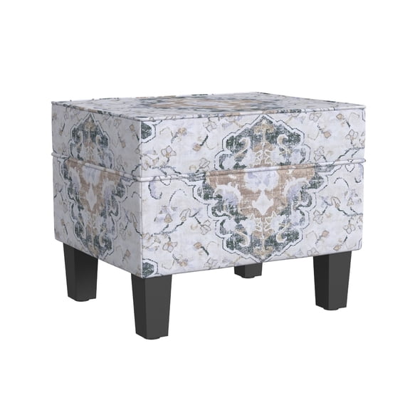 Benjara Ishi Accent Storage Ottoman- 22" White Blue Print- Black Wood Legs