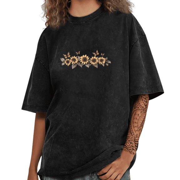 Black Washed Print Tshirt Graphic Tees Shirts Sunflower Butterfly Border Coquette Inspired Personalized Graphic Wear S-2XL Tops