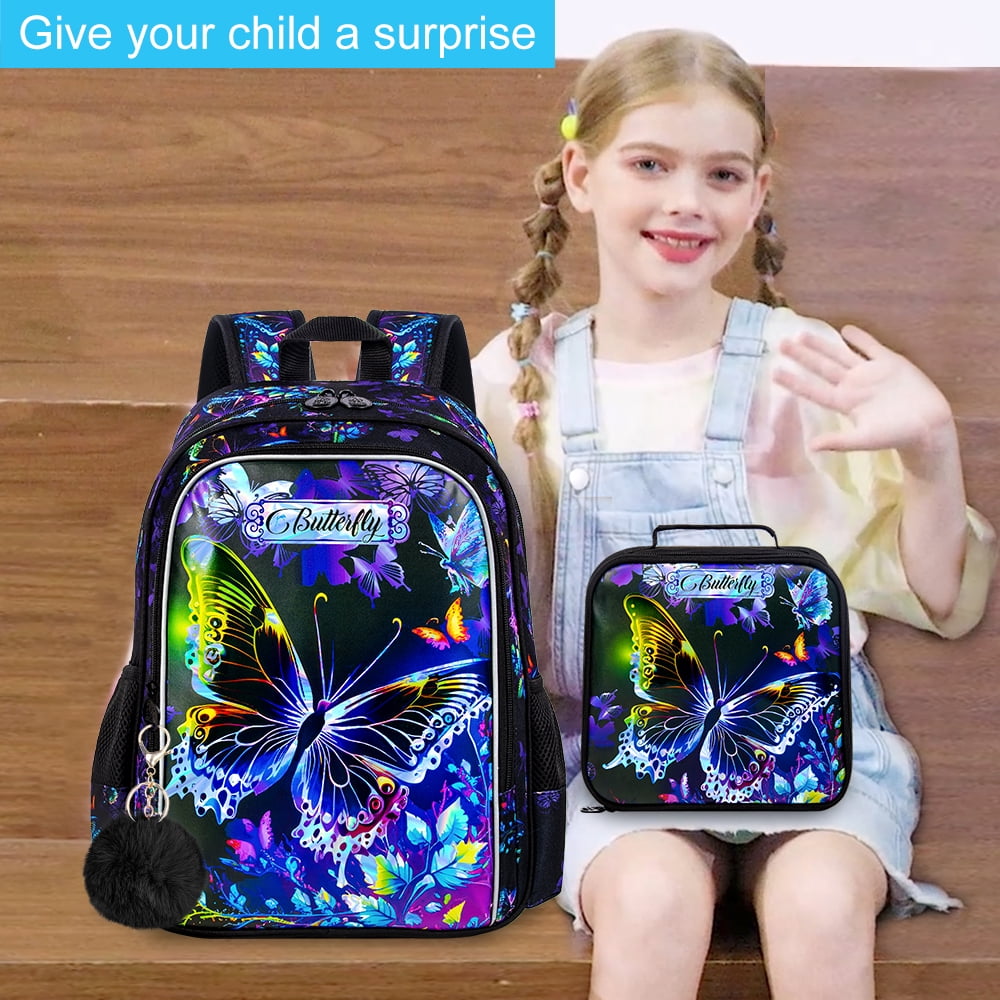 AGSDON 16" Butterfly Backpack for Girls, 3Pcs School Bookbag with Lunch Box, Kids Backpacks Set for Elementary Preschool Kindergarten(Black)