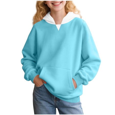 HAOTAGS Teen Girls Boys Hoodie 2PC(2-15) Long Sleeve Hooded Sweatshirts with Pocket Soft Warm Fall Winter Pullover Top for Kids Light Blue Size 5 Years