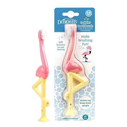 Cepillo de dientes para bebés y niños pequeños del Dr. Brown, flamenco, rosa/amarillo