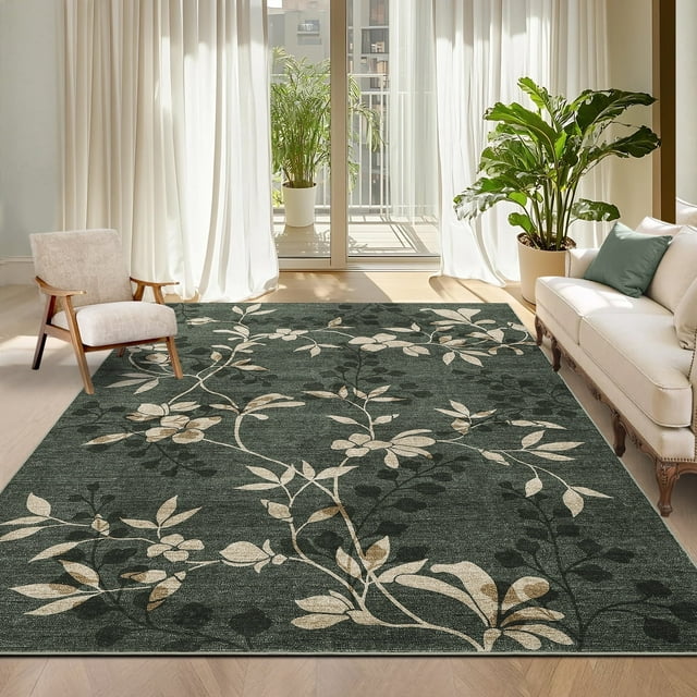 Garvee 10'x13' Modern Area Rug Washable Floral Accent Carpet with Non-Slip Backing, Stain-Resistant Soft Rugs Low Pile Floor Mats, Botanical Print Rug for Living Room, Bedroom, Dining Room, Green