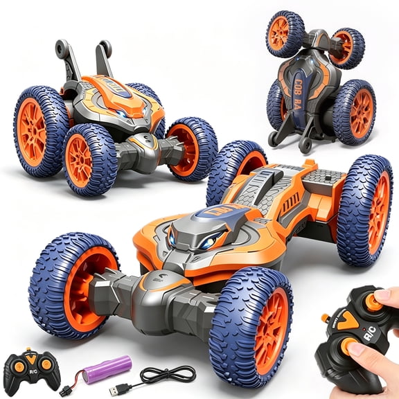 BUTOMKY Remote Control Car,2.4GHz 4WD Double-Sided RC Car, 360 Rolling & Flip Off-Road Vehicle with LED Lights, USB-C Rechargeable Remote Control Car Toy Gift for Kids Ages 6-12
