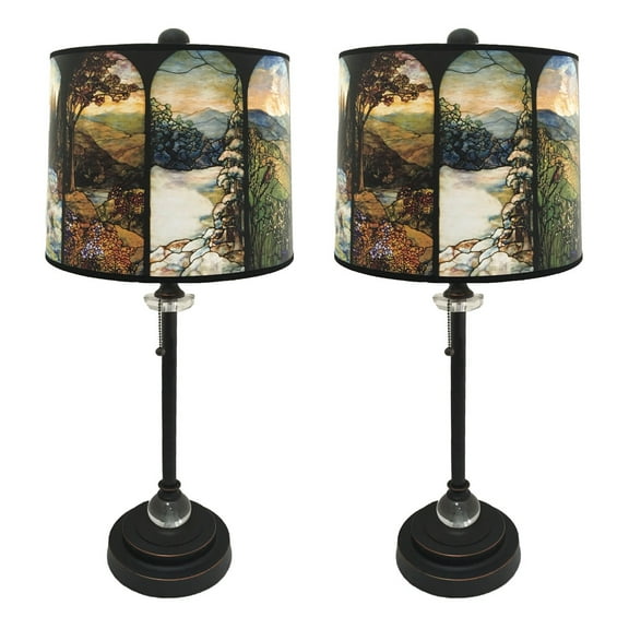 Royal Designs 28 inch Crystal and Oil Rubbed Bronze Lamp with Stained Glass Design Hard Back Lampshade, Set of 2