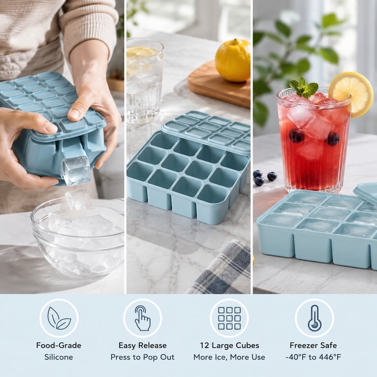 Silicone Ice Mold with Lid, 12-Cavity Easy Demold Rectangular Ice Tray ...