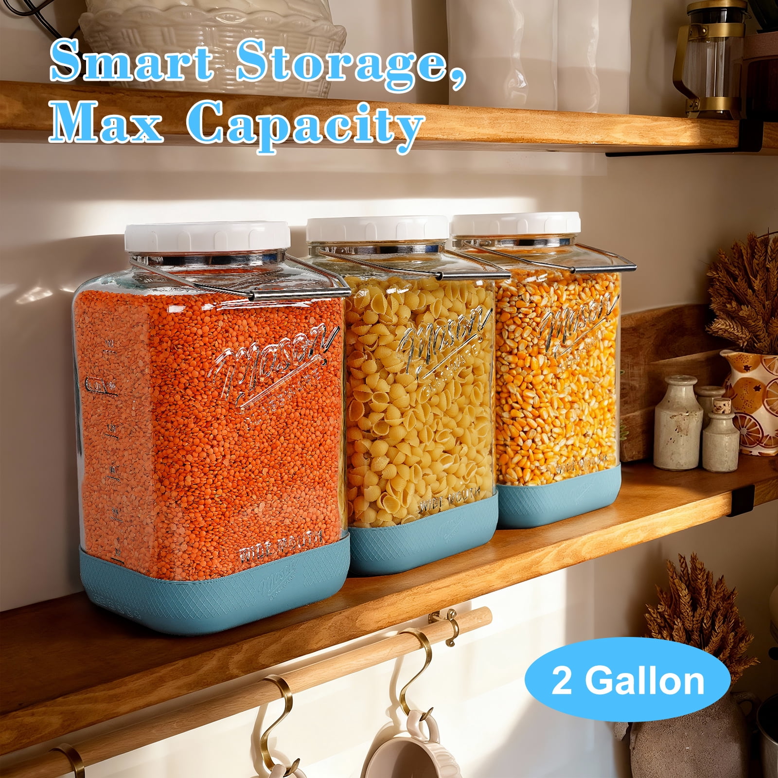 2 Pack 2 Gallon Glass Jar with Airtight Lid, 256 Oz Large Wide Mouth Mason Jar with Non-slip Base and Stainless Steel Handle - Glass Food Storage Containers for Flour, Cereals, Rice and Picking