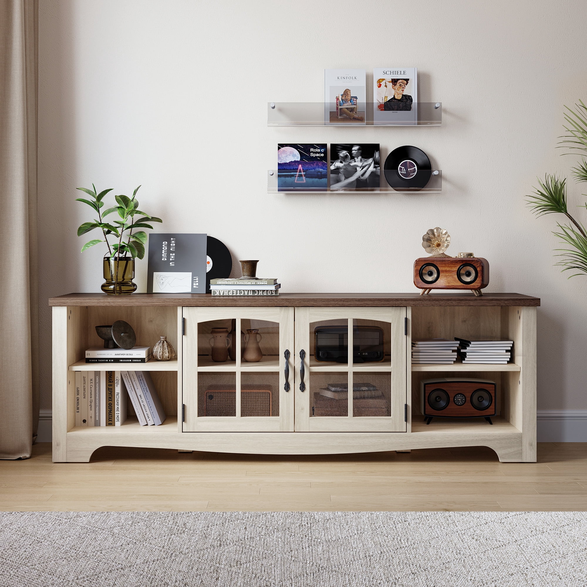 LINSY HOME Modern Farmhouse TV Stand for TVs up to 75", Home Entertainment Center with Storage Cabinet and Adjustable Shelves, Washed Grey & Brown