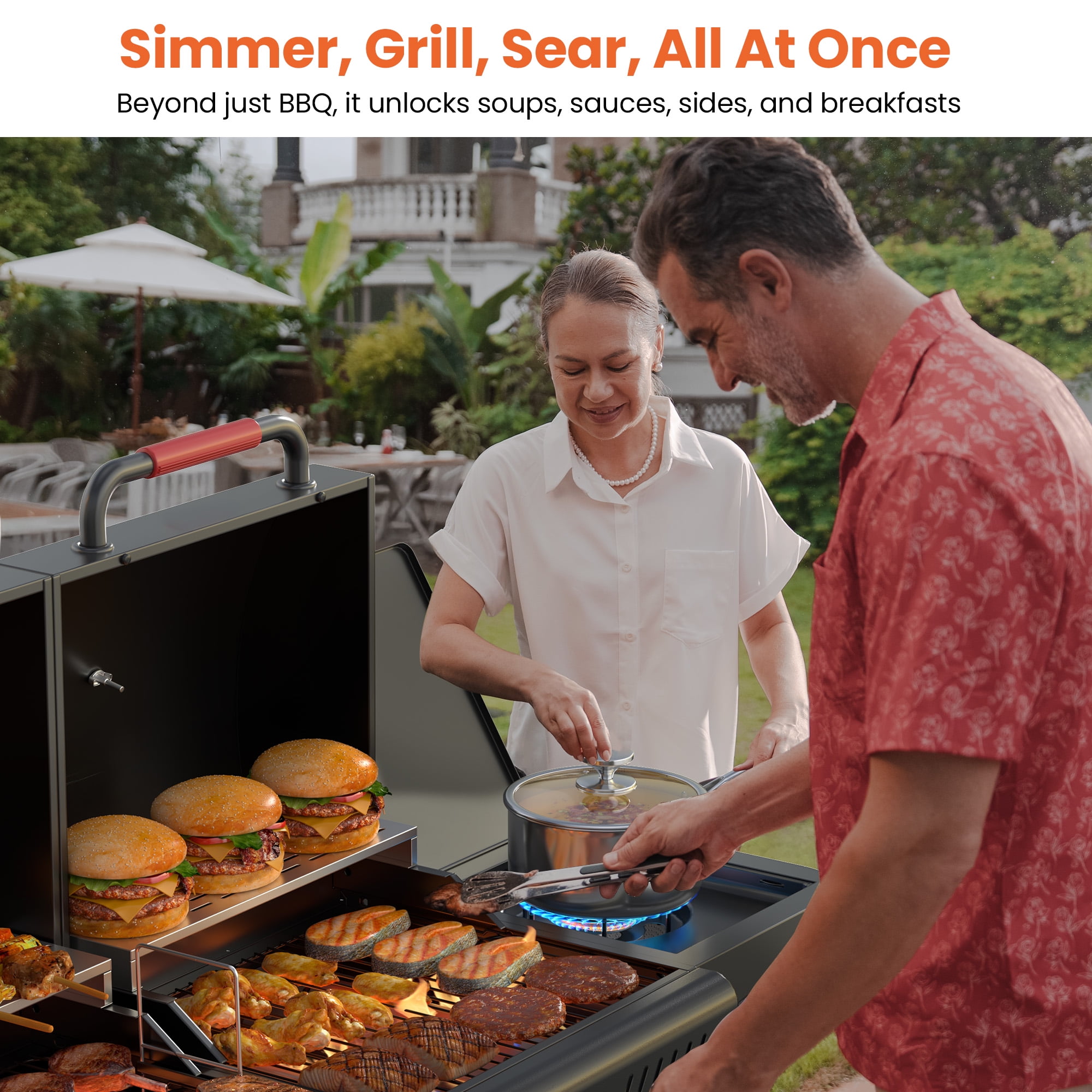 3-Burner Gas & Charcoal Grill Combo with 30,000 BTU, Dual Fuel BBQ Grill, 748 SQ.in Cooking Space, for Backyard BBQ, Outdoor Cooking