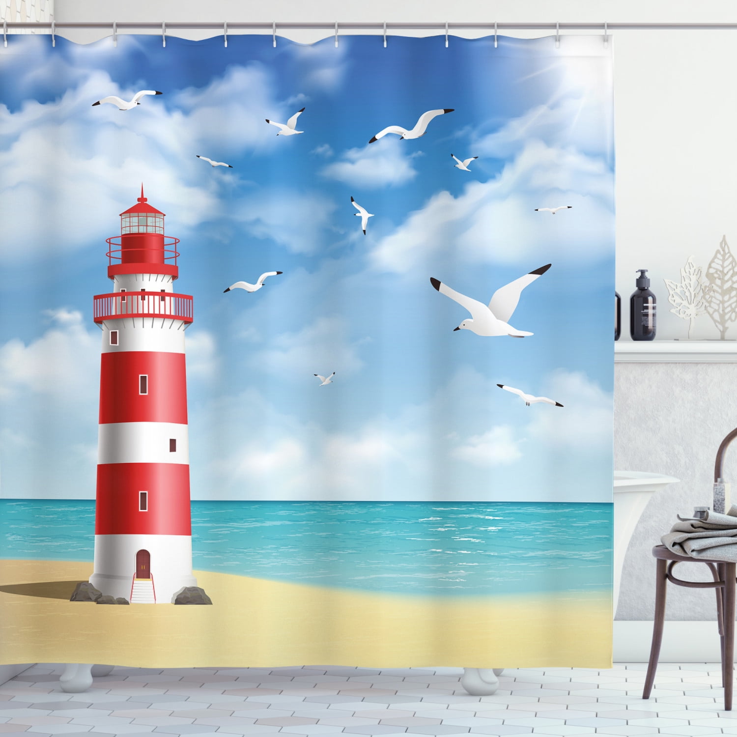 Ocean Lighthouse Bird White Cloud Bathroom Waterproof Shower Curtain Hooks Mat 