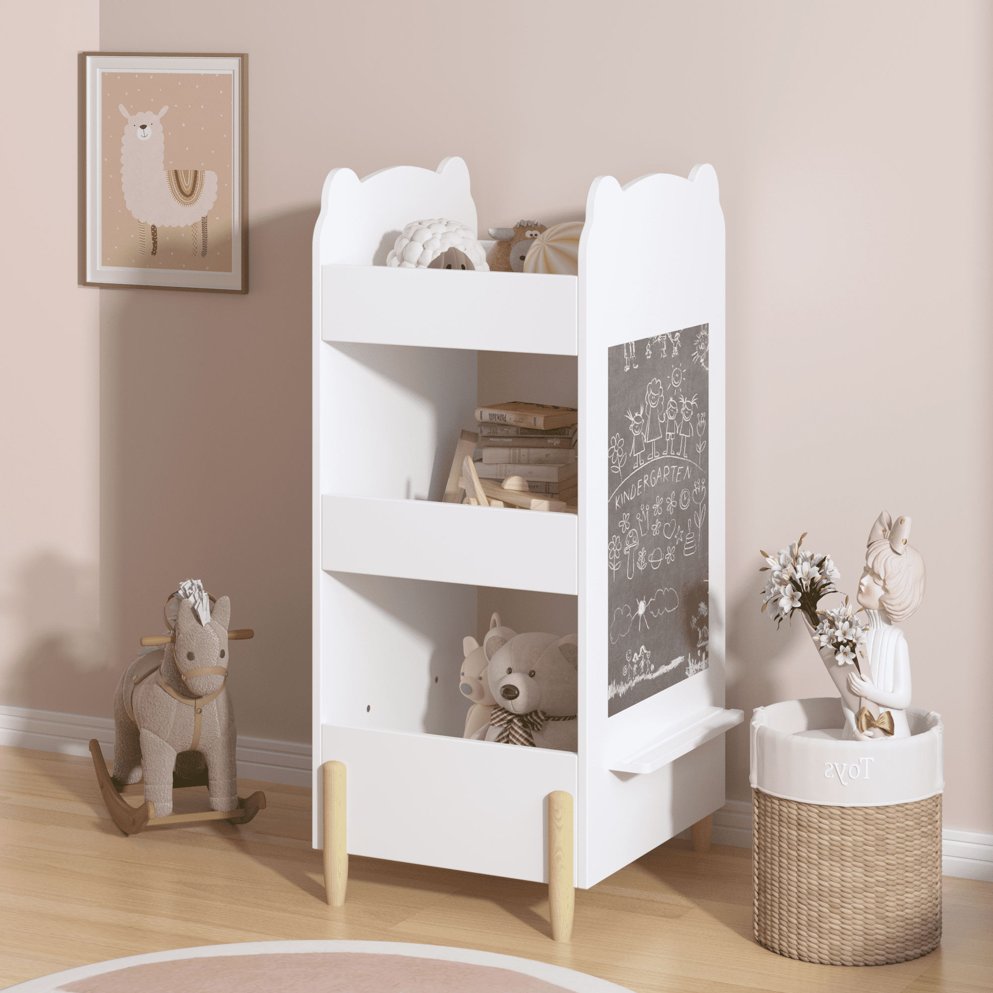 Kids Bookshelf with Chalkboard Side – Bear-Shaped Wooden Bookcase with 3-Tier Storage, Drawing Board for Toddlers, Toy and Book Organizer for Playroom or Bedroom – White
