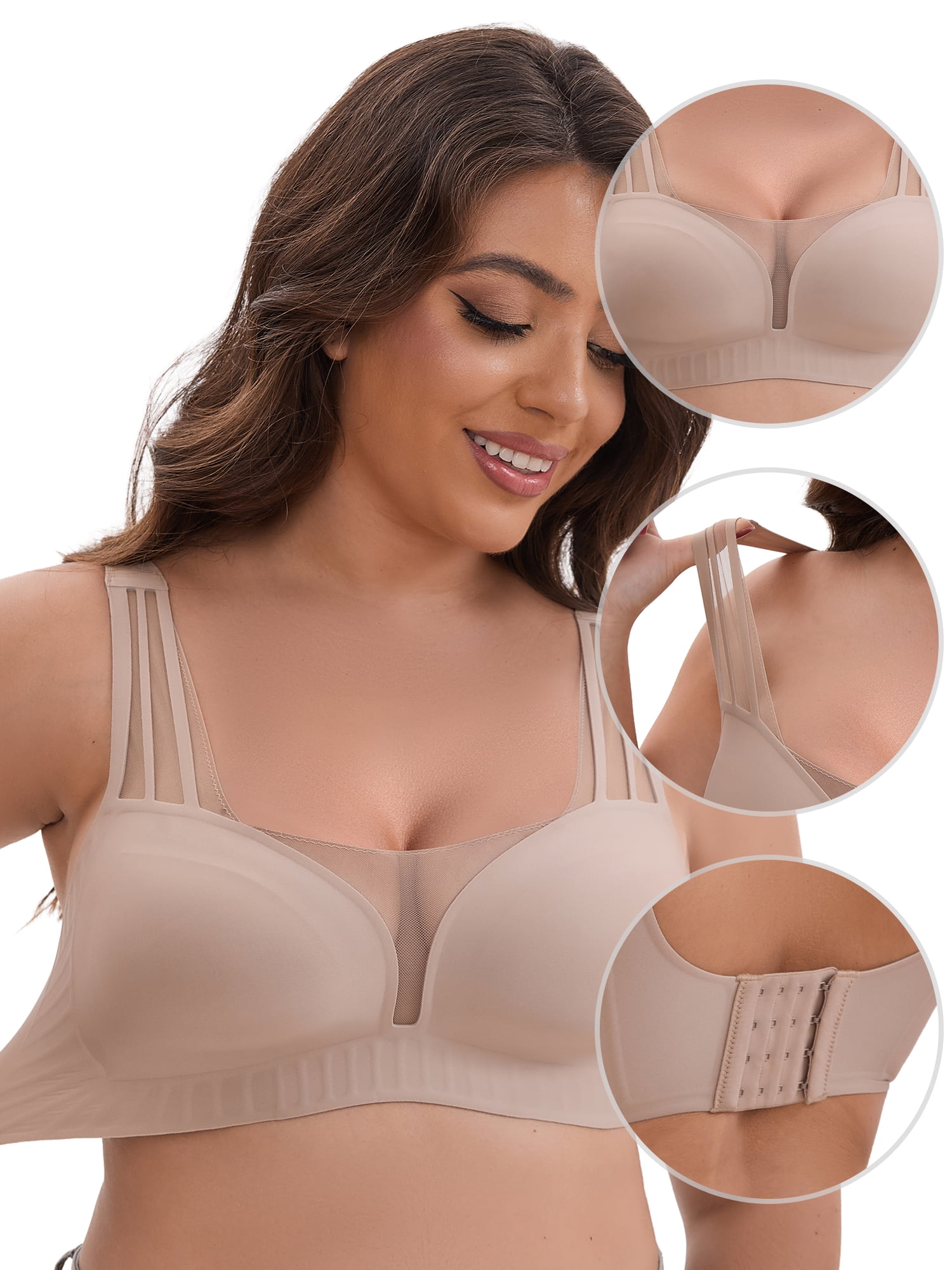 DARING DIVA Mesh Wireless Push Up Wide Straps V-Neck Lightweight Bra L Light Brown