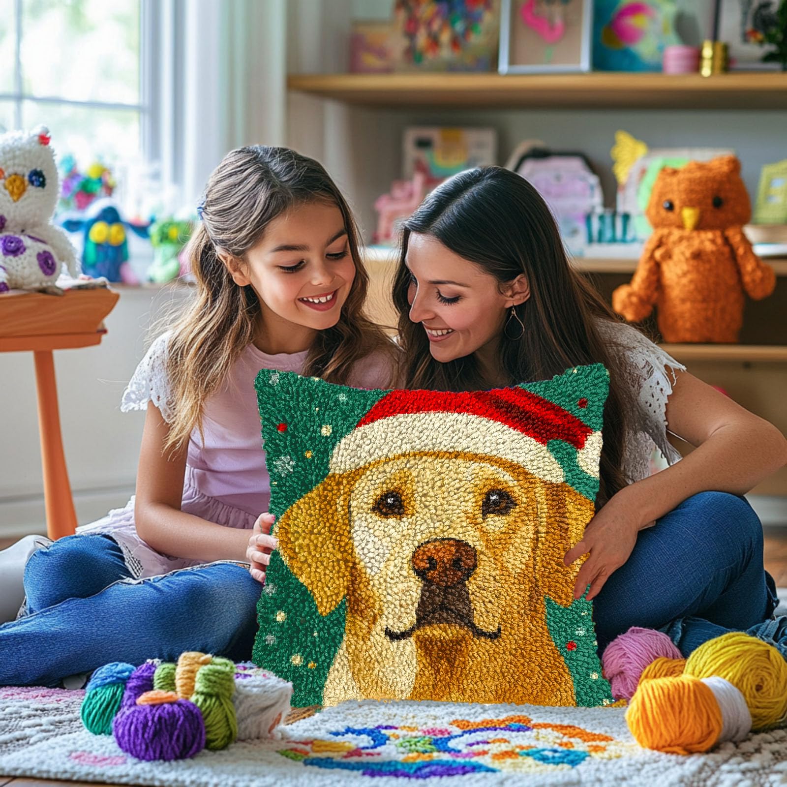 Latch Hook Pillow Kits for Adults Merry Christmas Labrador Dog DIY Pillow Cover Printed Pillowcase Crochet Yarns Hooking Handmade Cushion for Home Sofa Decoration 17x17inch(12)