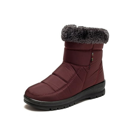 

Eloshman Womens Fuzzy Snow Boot Round Toe Winter Shoes Zip Up Booties Cold Weather Non-skid Plush Lining Comfort Shoe Waterproof Ankle Boots Wine Red 5.5