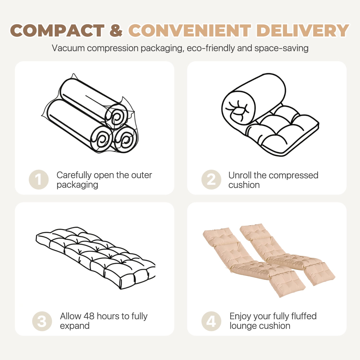 BaPiPro Set of 2 Upgraded 4-Segment Chaise Lounge Cushions, All-Weather Tie Fastened Pads with Plush PP Cotton, for Patio, Poolside & Balcony, Beige