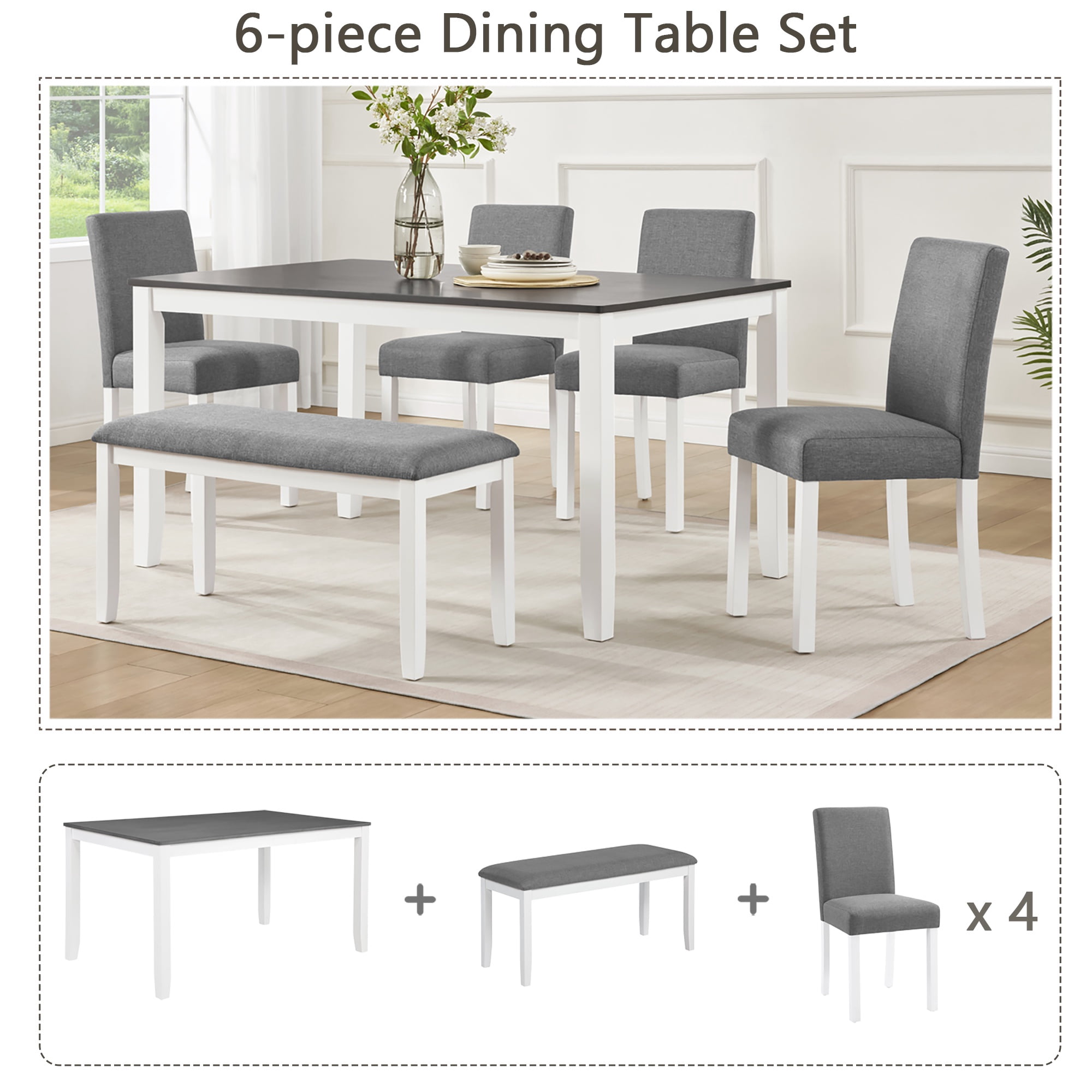 PORKISS Dining Table Set for 6, Farmhouse Dining Table Set with 4 Upholstered Chairs and Bench, Solid Wood Rectangular Dining Set of 6 People for Kitchen, Dining Room, Gray + White