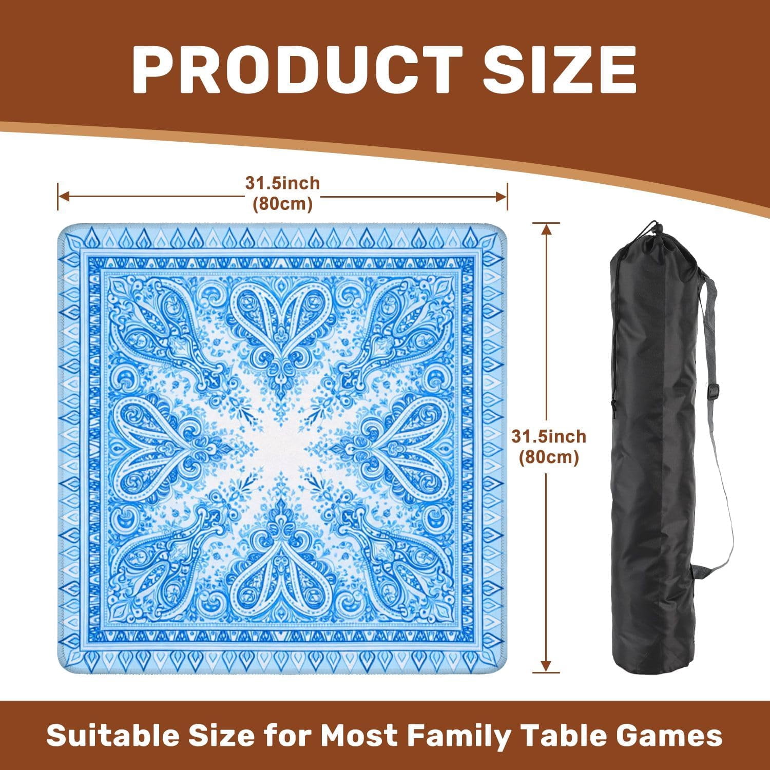 Mahjong Mat with Carrying Bag 31.5" x 31.5" Non-Slip Noise Reduction Blue Ornamental Mandala Symmetrical Floral Paisley Design Table Mat for Mahjong Poker Dominoes Card Board Tile Games