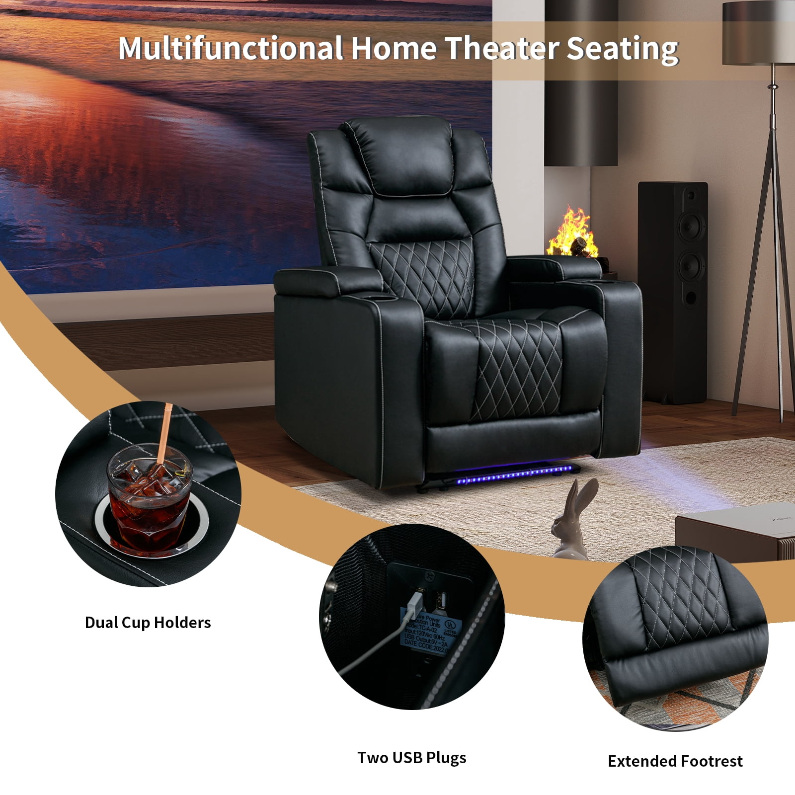 Bonzy Home Electric Power Recliner Reclining Chair with USB Ports and Cup Holders, Home Theater Seating with LED Light Movie & Media Room Chairs