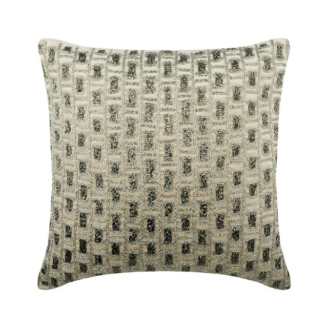 Decorative Pillow Cover, Decorative Ivory & Silver 22"x22" (55x55 cm) Throw Pillow Covers, Velvet Beaded Throw Pillows For Couch, Geometric Pattern Modern Style - Silver Brick Alley