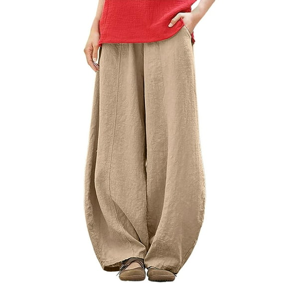 Sngxgn High Waist Cargo Pants Women Women Solid Trousers Casual Baggy Elastic Waist Wide Leg Pants With Pockets(Beige,M)