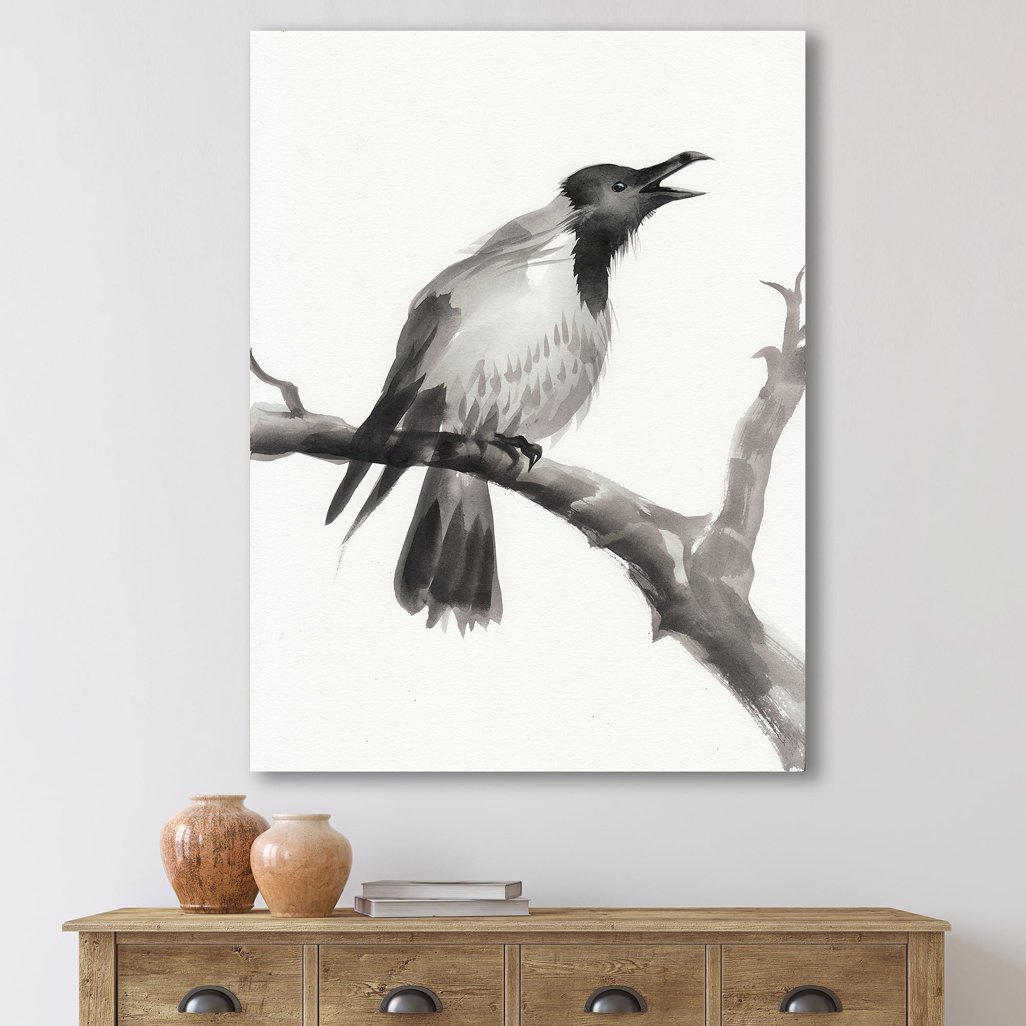 Designart ' Monochrome Crying Crow On A Branch ' Traditional Canvas Wall Art Print
