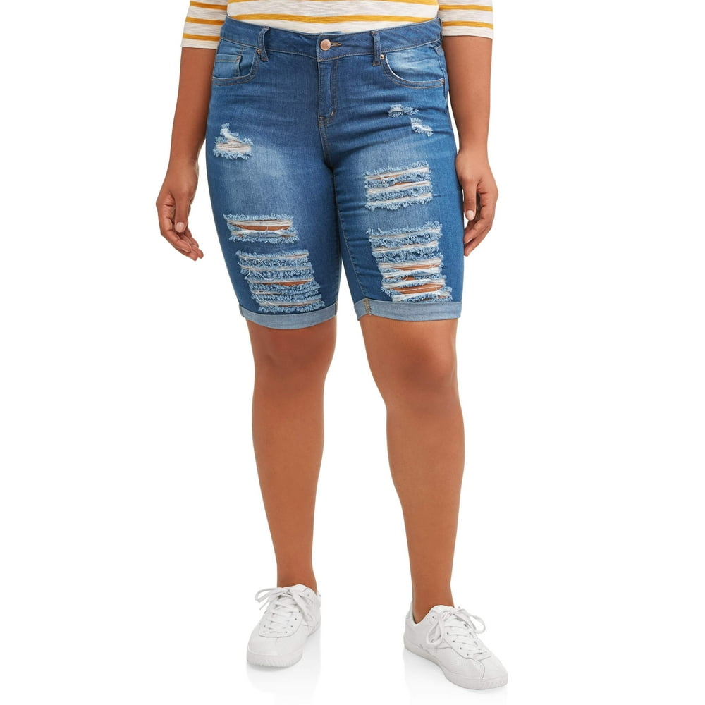 Wax Jean Wax Jean Juniors' Plus Size Distressed Roll Cuff Bermuda Shorts