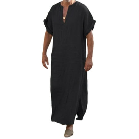 

FOCUSNORM Men s V-Neck Short Sleeve Home Robe Side Split Kaftan Cotton Long Gown Thobe with Pockets Shirt