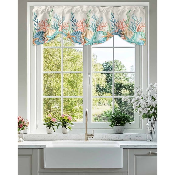 Summer Beach Tie Up Valances Curtain, Adjustable Kitchen Ocean Colorful Coral Shell Seaweed Starfish Linen Valances for Windows Decor, Rod Pocket Short Curtains Set for Bedroom/Bathroom, 42"x18"