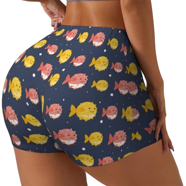 Balery Cute Puffer Fish Pantalones cortos de entrenamiento estampados para mujer, sin costuras, ajustados, para gimnasio, yoga, correr, deportes, ejercicio activo, fitness.-Large