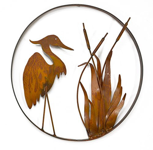Heron Carved Wood & Metal Cattails Leaves Wall Sculpture 