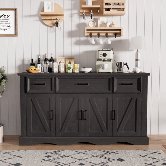 Buffet Cabinet with Drawers, 56" Large Sideboard Buffet Storage Cabinet with Shelves and Doors, Wave Base Design, Multi-Purpose Buffet Table with Charging Station for Living Room,Dining Room,Black