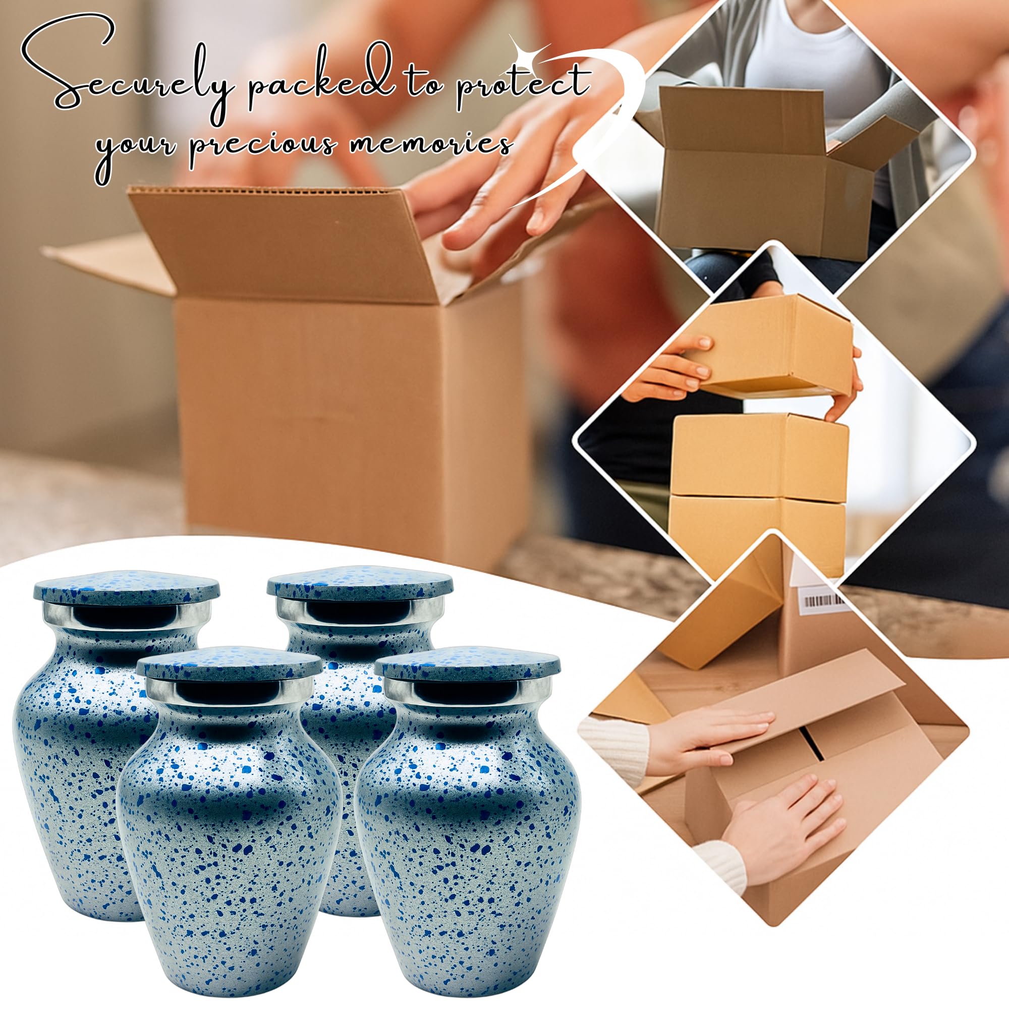 Nova Niche Urns Small Size Cremation Urn for Human Ashes, Mini Keepsake Set of 4 Blue and Silver with Velvet Case