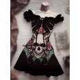 thumbnail image 5 of Disfraz de calavera con mangas abullonadas y cordón, vestido informal de una pieza de terror, disfraz de Halloween con sonrisa, falda corta, ropa hawaiana bohemia, 5 of 5