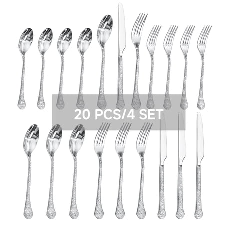 KINGSTONE 20-Piece 18/10 Stainless Steel Silverware Set, Hammered Handle Flatware set for 4, Dishwasher Safe, Fingerprint Resistant, Mirror Polished