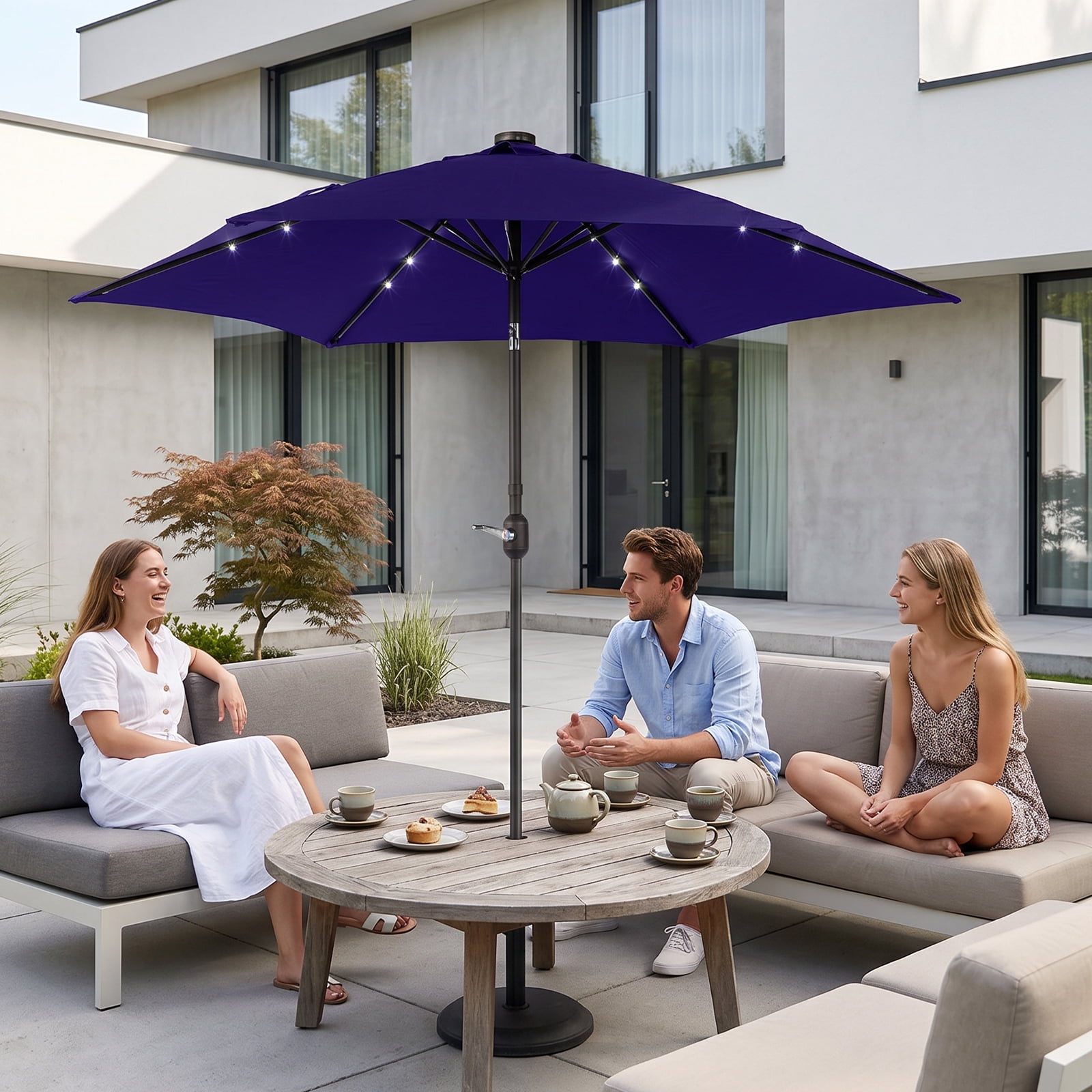 9ft Navy Blue Solar Patio Umbrella with LED Lights, UPF 50+ Waterproof Solution-Dyed Polyester Canopy, 6 Iron Ribs, Push Button Tilt & Crank Lift, Wind Resistant for Patio Garden Poolside