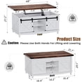 thumbnail image 3 of Flycity 48" Farmhouse Lift Top Coffee Table with Storage Sliding Barn Door, Lifting Tabletop Rustic Center Table with Large Hidden Compartment for Living Room, White & Brown, 3 of 8