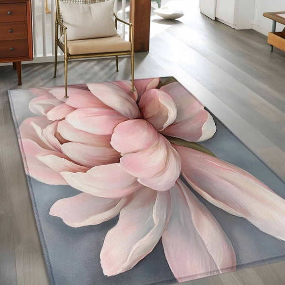 Spring Floral 3x5 Rug for Bedroom Foot of Bed Small Living Room, Vintage Plant Watercolor Pink Flower Botanical Washable Non Slip Rectangle Area Rug